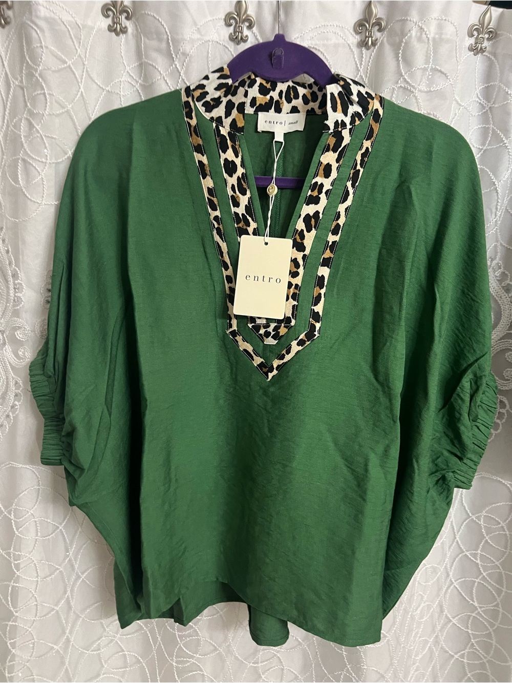 entro Emerald Green V-Neck Tunic with Leopard Trim